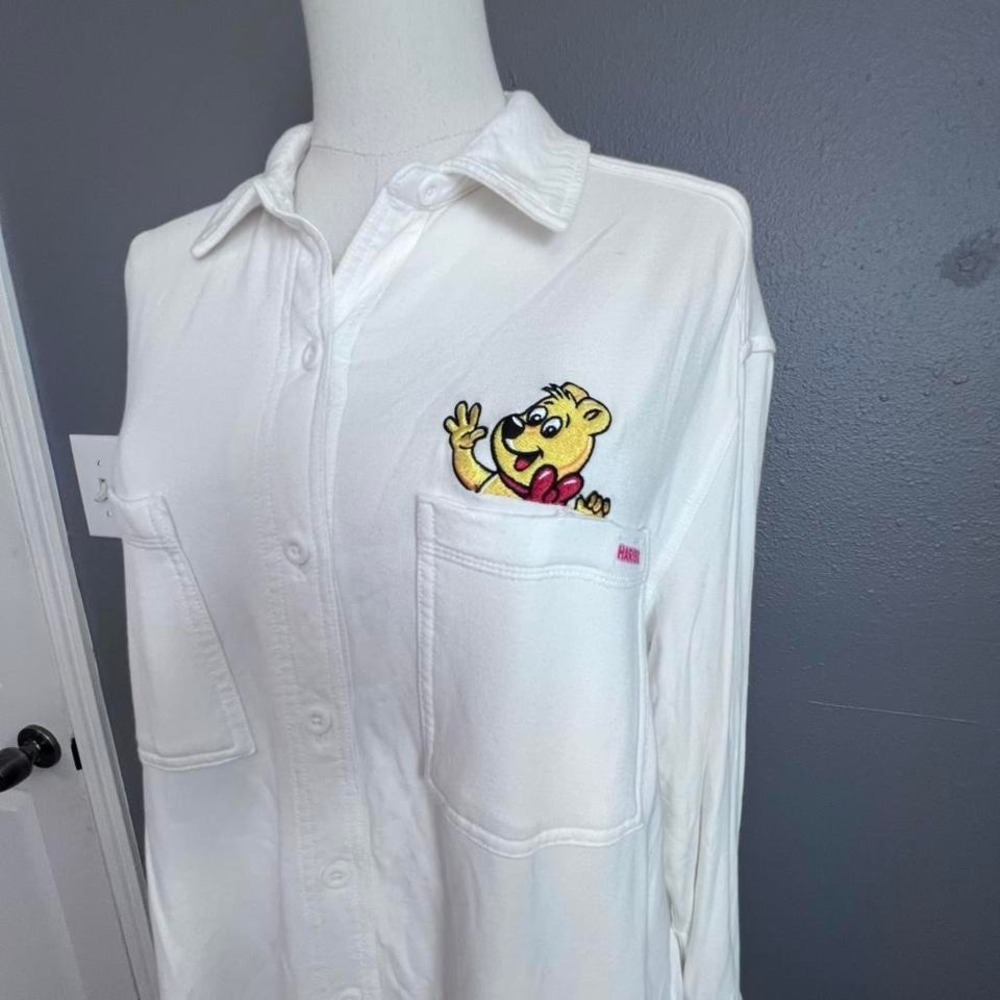 Haribo Gummy Bear White Fleece Long Sleeve Button‎ Up Shirt Women's Large
